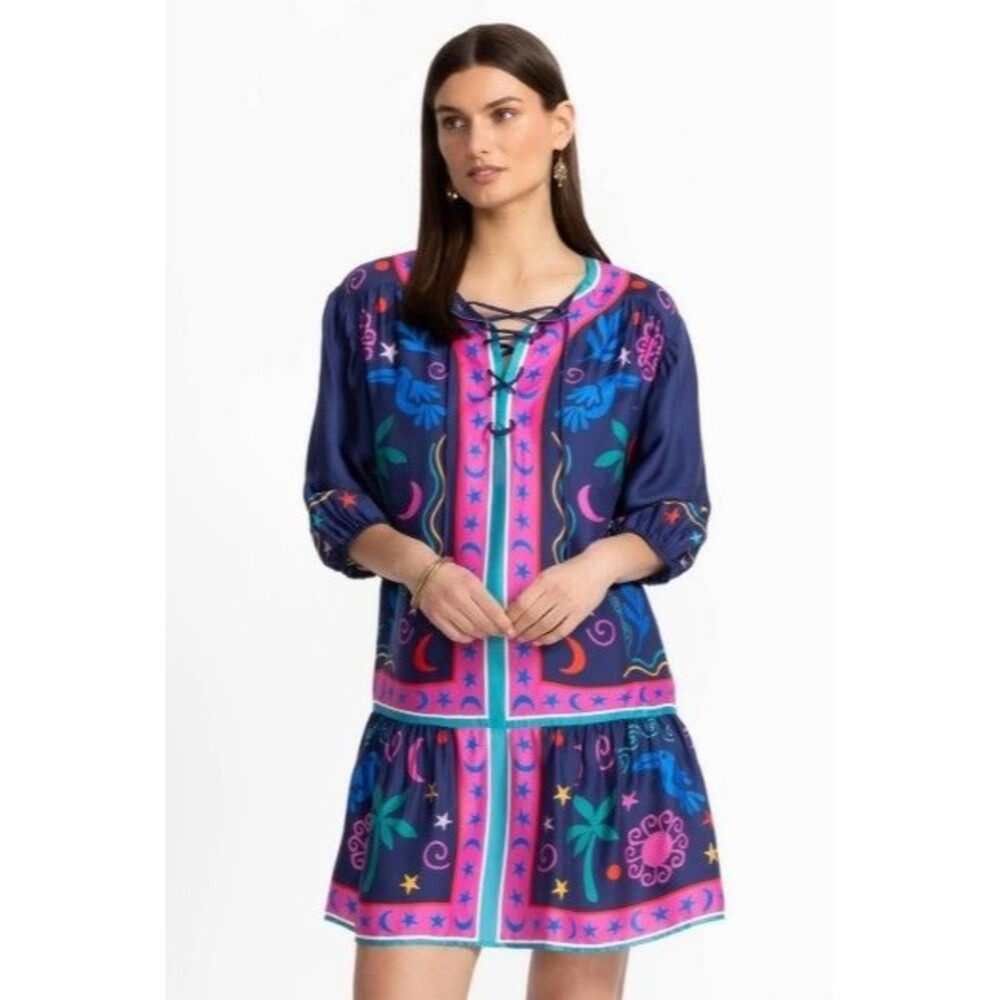 NWT Johnny Was Silk Blend Floral Mini Dress Size S Lace-up Stars Moon $398